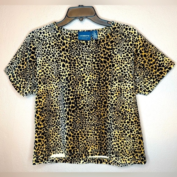 Liz Claiborne Tops - Vintage 90s Y2K Liz Claiborne Cheetah Print Velour Short Sleeve Baby Tee Size MP